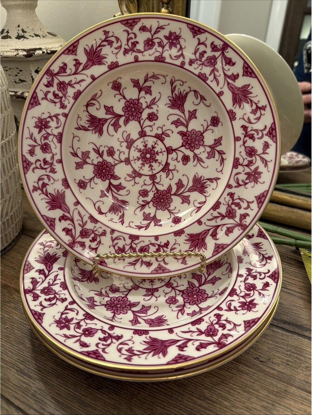 Franciscan Lorraine Maroon Rimmed Soup Bowls Set of 3